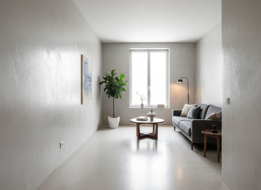 Elegant moderne stue med hvid væg, grå sofa, plante og minimalistisk indretning.