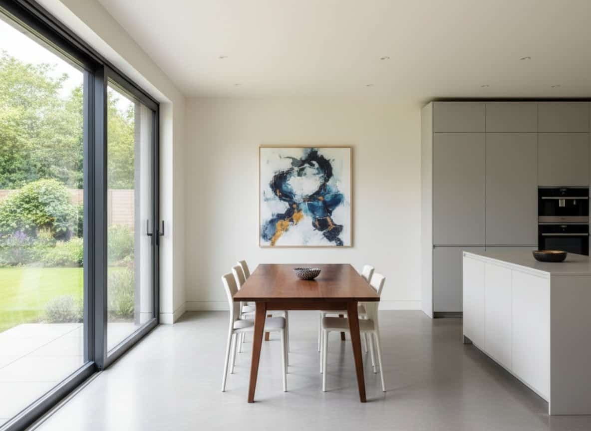 Elegant spiseområde med stort vinduesparti og moderne kunst på væggen.
